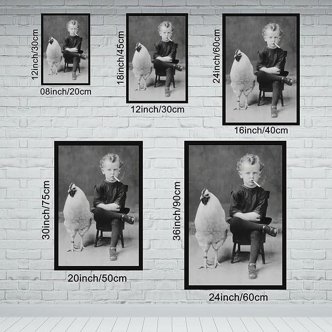 UXCBIA Smoking Boy And Chicken, Black And White, Vintage Oddities Poster Canvas Poster Wall Art Decor Print Picture Paintings for Living Room Bedroom Decoration Black Frame 12x18in(30x45cm) - Image 2