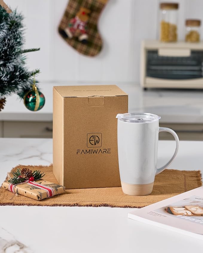 famiware Milkyway Coffee Mugs, 20oz Large Coffee Mug, Ceramic Mug Set of 2 with Lid, Cup Set with Handle for Latte, Tea, Cocoa, Milk, Home & Office, Light Gray and Dark Gray - Image 6