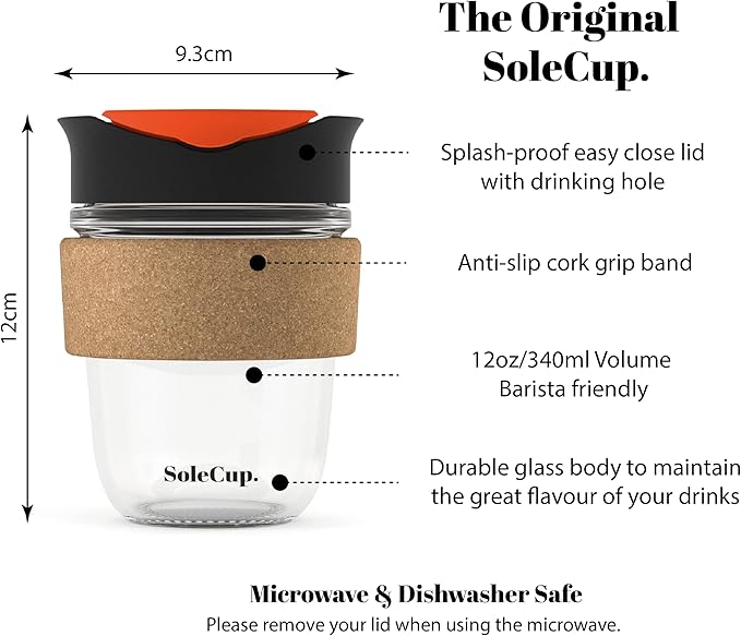 Reusable Strengthened Glass Travel Cup - Spill Proof Insulated Coffee Mug - 12oz/340ml BPA-Free Hot Drink Travel Mug with Lid & Cork Band (Black, 12oz)