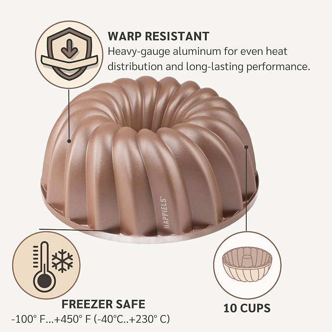 Classic 10 Cup Fluted Cake Pan Nonstick, PFOA & BPA Free | | Non-Toxic - Cast Aluminum - Gold - Pound Cake Mold for Oven Baking - Image 6