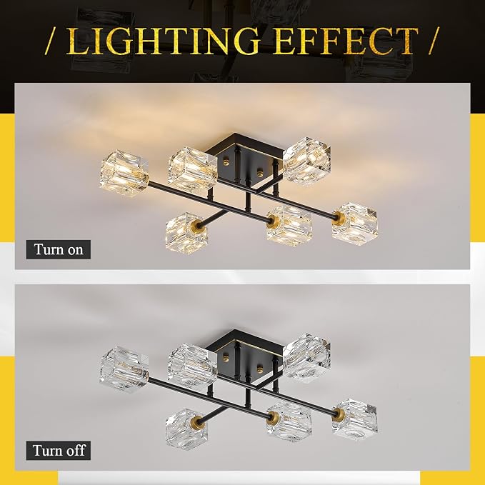 24" Black and Gold Crystal Semi Flush Mount Ceiling Light Modern 6-Light Sputnik Chandelier Luxury Light Fixture for Kitchen Island Entryway Dining Room Living Room - Image 8