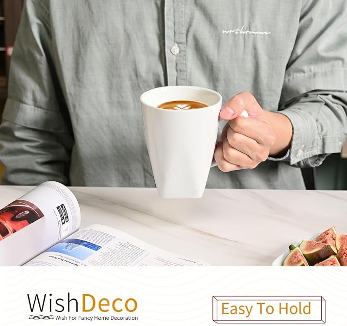 WishDeco White Coffee Mugs Set of 6, Ceramic Coffee Cups 14 oz, Modern Tea Mugs, Porcelain Tea Cups, Large Mug for Latte, Cappuccino, Milk, Juice, Cocoa, Square Bottom, Microwave and Dishwasher Safe - Image 7