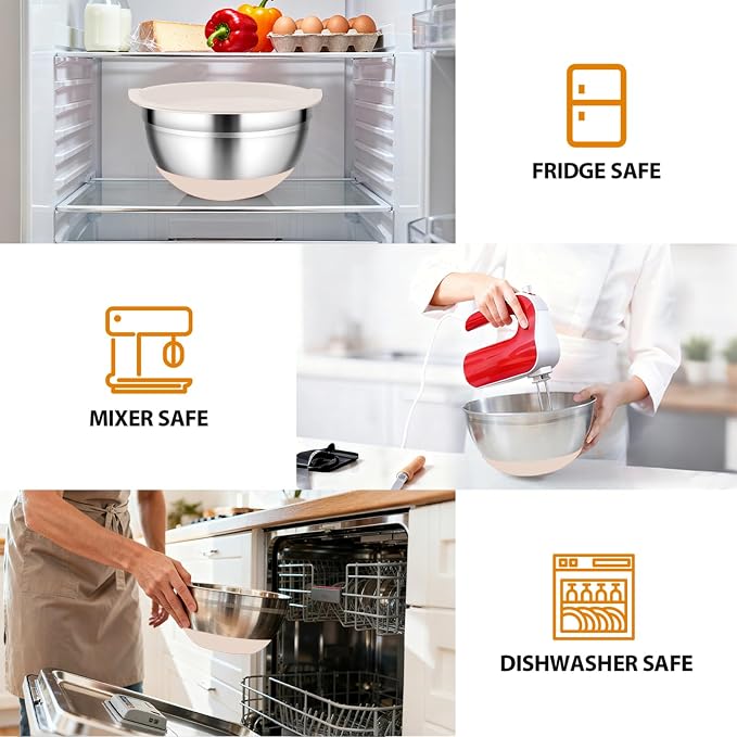 Mixing Bowls with Airtight Lids, 18pcs Stainless Steel Mixing Bowls Set | Nesting Non-slip Silicone Bowls Bottom, Size 4.5, 3.6, 2.7, 2.1, 1.7, 1.1, 0.7 qt, Fit for Mixing & Serving(Khaki) - Image 6