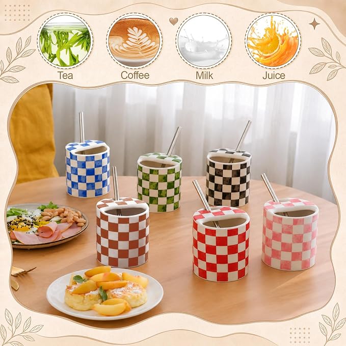 6 Pack Checkered Ceramic Coffee Mug with Sip Hole 10 oz Espresso Cup with Straws Retro Hand Painted Checkered Porcelain Coffee Tea Cup Cappuccino Latte Mug for Kitchen Dining Travel - Image 7