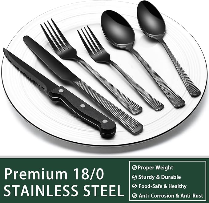 EWFEN 24-Piece Black Silverware Set with Steak Knives, Black Flatware Set for 4, Food-Grade Stainless Steel Tableware Cutlery Set, Mirror Finished Utensil Sets for Home Restaurant, Roman Column - Image 5