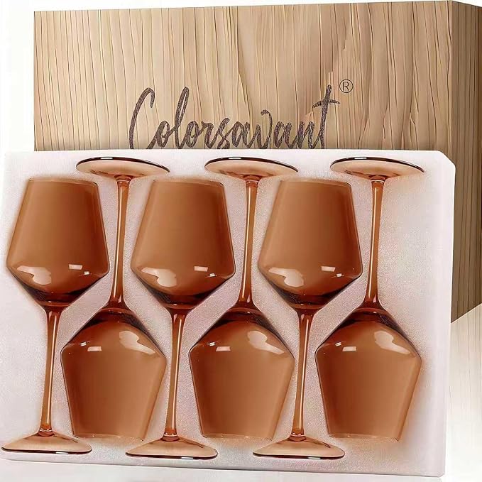 Brown Wine Glasses Set 6-16oz Long Stem-African American Wine Glasses - Hand Blown Amber Stemware for Wedding,Birthday Party and Home Party by Colorsavant
