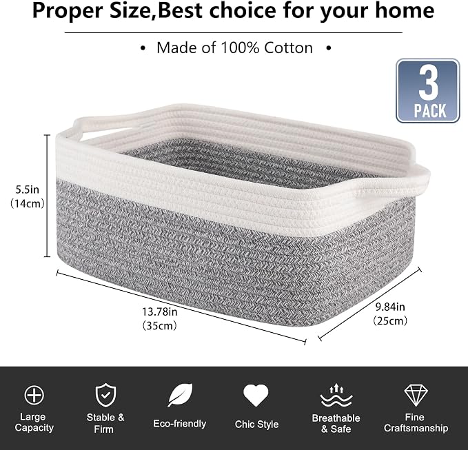 OIAHOMY 3 Pack Storage Baskets for Organizing, Woven Cotton Rope Basket for Shelves, Closet Organizer Bins with Handles, Rectangle Toy Organization, 13.78''×9.84''×5.5'', Grey & White - Image 3