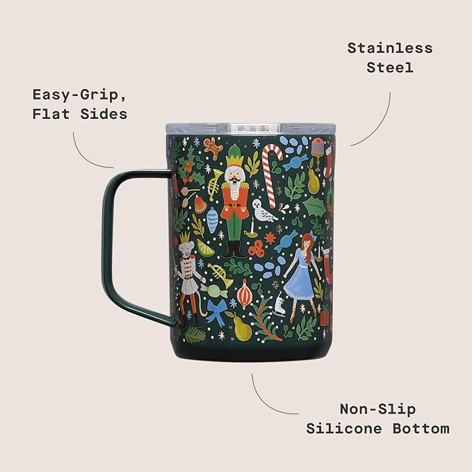Corkcicle x Rifle Paper Co. Triple Insulated Coffee Mug with Lid & Handle - Keeps Beverages Hot for 3+ Hours - Gift for Mom - Great for Mother's Day or Christmas - 16 oz - Nutcracker Green - Image 4