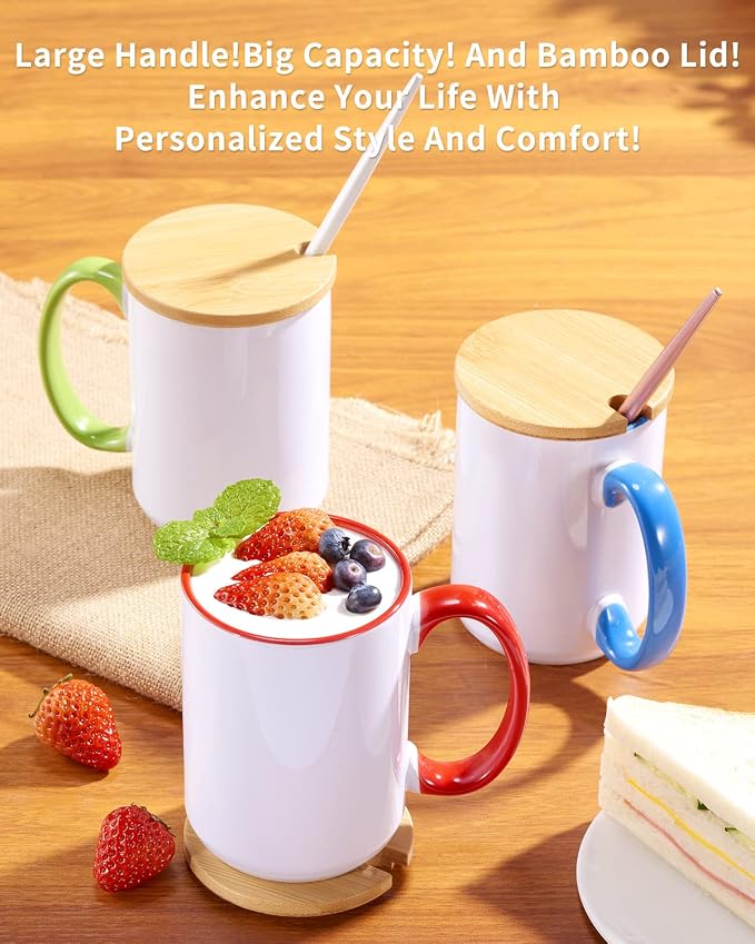 RAINBOWTIE 12PCS 15oz Sublimation Mugs with Bamboo Lid, 6 Assorted Colors | Ceramic Cup with lid and Bamboo, blank mugs for diy, father's day, mother's day, casual, beach, vacation, party,wedding - Image 4