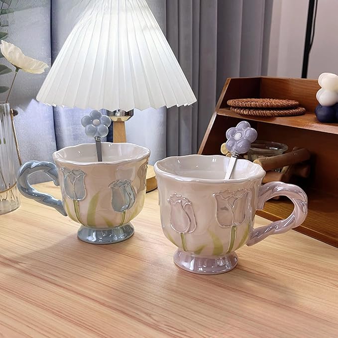 DTIUYIOP-Ceramic Coffee Mug 14oz/410ml Blue Cute Flower with Spoon | a funky coffee mug, Novelty Cute Ceramic,Lead-Free Gloss Glazed,DrinkingCup, Ideal Gift for Birthday Holiday - Image 5