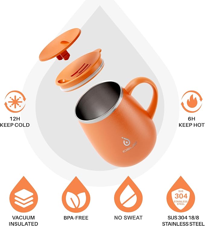 Ideus 16 oz Insulated Coffee Mug with Handle and Lid, Double Wall Stainless Steel Vacuum Thermal Coffee Mug, Travel Coffee Cup Thermal Cup for Home and Office, Orange Tiger - Image 2