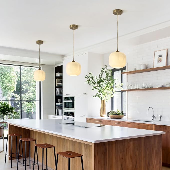 KCO Lighting Modern Brass Gold 7.9” Ribbed White Milk Glass Pendant Light | Adjustable Cord, E26 Small Mid Century Modern Hanging Light for Sloped Ceiling Kitchen Island Dining Room Bedroom Entryway - Image 6