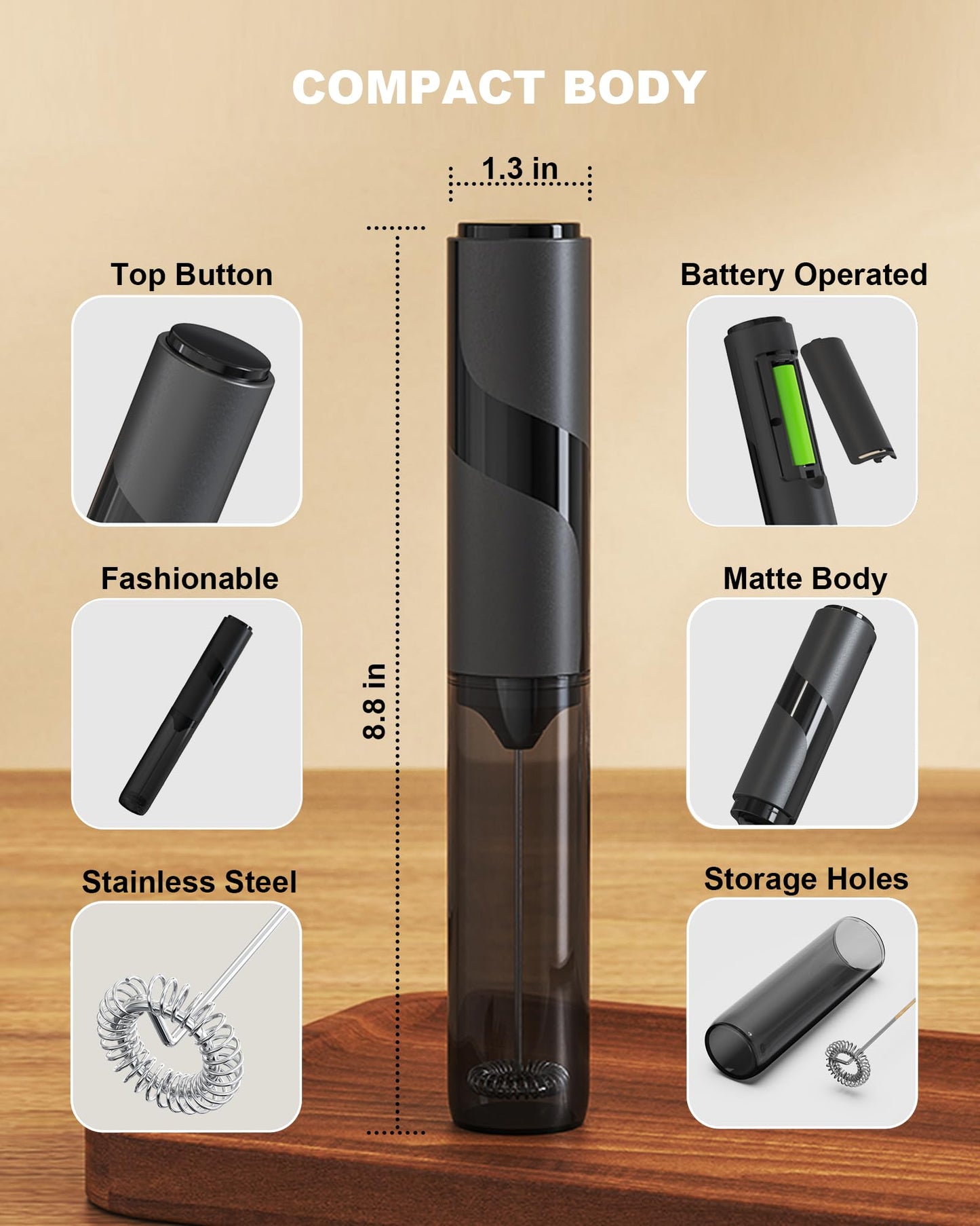 Rechargeable 3-Speed Milk Frother Wand (Black)