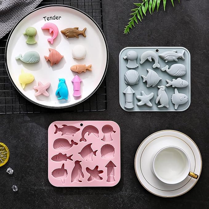 2PCS Marine Theme Cake Silicone Mold Non-stick Ocean Animal Cake Baking Molds for Chocolate Candy Fondant Cupcake Cookie Dessert DIY Cake Decoration Suppies