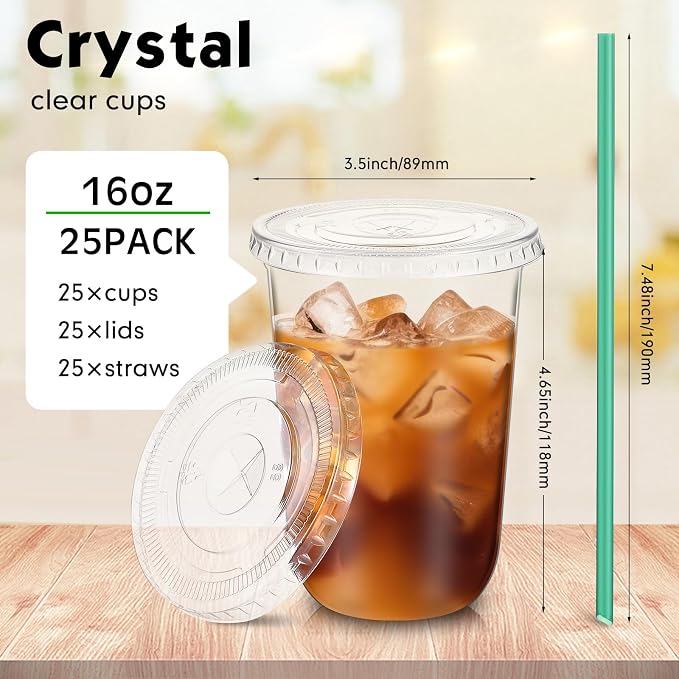 Baderke 25 Set Plastic Cups with Lids and Straws, Disposable Plastic Iced Coffee Cup for Cold Beverage Juice Smoothie Crystal for Coffee Shops Party Catering(Clear,16 oz) - Image 3