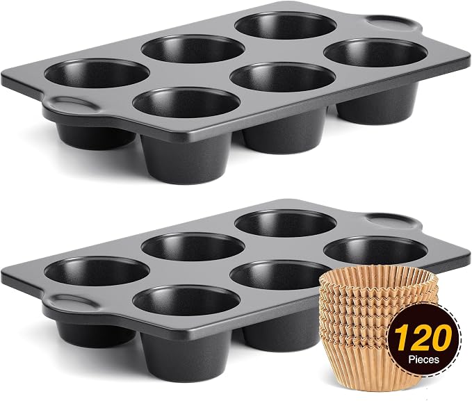 Nonstick Jumbo Muffin Pan, 2 Pack Large Cupcake Tin with 120pcs Muffin Liners, Cup Cake Tray for Baking, 3.5dia, 6 Cup, Premium, Extra Thick by HONGBAKE