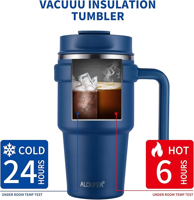 20 oz Insulated Travel Coffee Mug Tumbler with Handle and Straw | Leakproof Stainless Steel Coffee Cup with Lid, Double Wall Vacuum Ice Thermal Cup, Navy and Rose Gold - Image 5