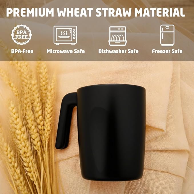 Wheat Straw Coffee Cups 16 OZ, Wheat Straw Cups with Handles, Unbreakable & Stacking Coffee Mugs Set of 6, Microwave & Dishwasher Safe Drinking Cups for Party, Camping, Kitchen - Black - Image 3