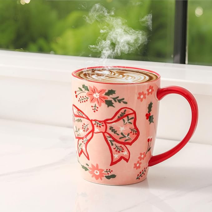 HASENSE Coffee Mugs Set of 4,16oz Ceramic Cups with Handle for Kitchen,Pink Bow Valentine's Day Latte Mugs for Hot Cocoa,Tea,Milk & Latte,Large Festive Stylish Mug Gift,Microwave and Dishwasher Safe - Image 6