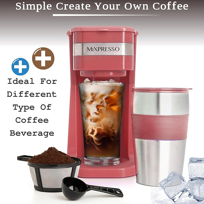 Mixpresso Single Serve & Single Cup Coffee Maker with 14oz Travel Mug Red | For ground coffee only, reusable filter, auto shut off. Compact personal drip coffee maker, not compatible with K-Cup pods. - Image 2