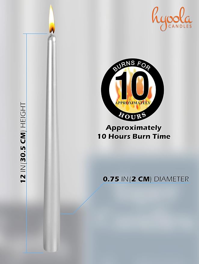 Hyoola 12 Pack Tall Metallic Taper Candles - 12 Inch Silver Metallic, Dripless, Unscented Dinner Candle - Paraffin Wax with Cotton Wicks - Image 3
