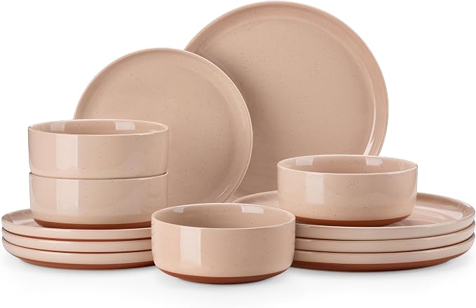 MALACASA Plates and Bowls Sets, 12 Pieces Modern Stoneware Dinnerware Set for 4 Kitchen Dinner Set Ceramic Dishware Dishes Set Microwave and Dishwasher Safe, Pink, Series TARA by MALACASA