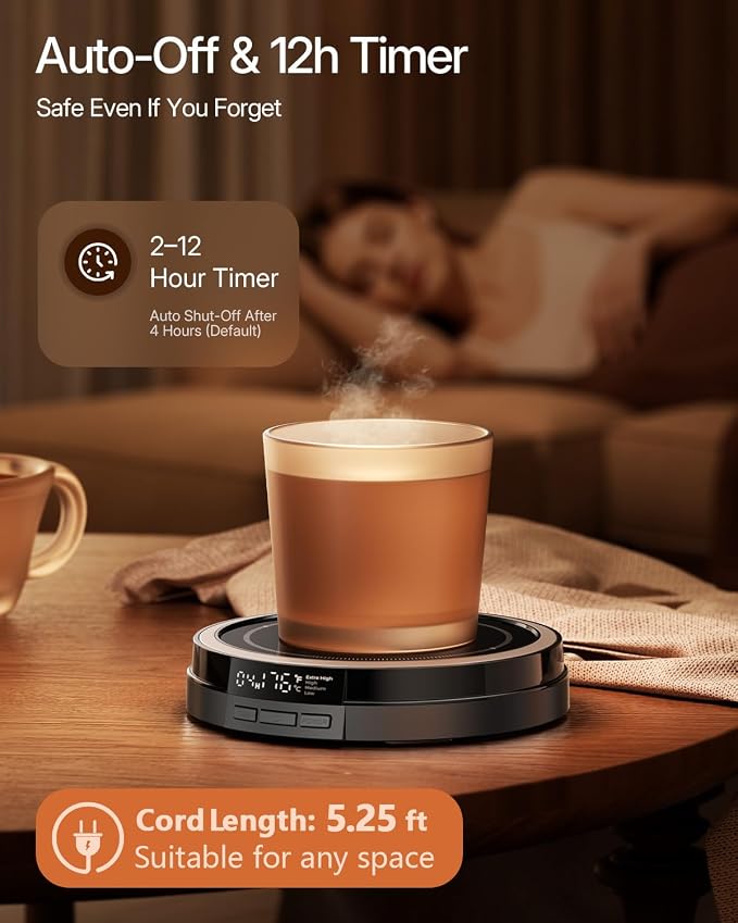 Coffee Mug Warmer for Desk, 50W, Cup Warmer 4 Temps & Timer- Black | Smart Display; 12H Timer; Auto Shut Off; Fast Heating; Easy-Clean; Candle Warmer Plate; UL Certified Gift for Coffee Lovers - Image 6