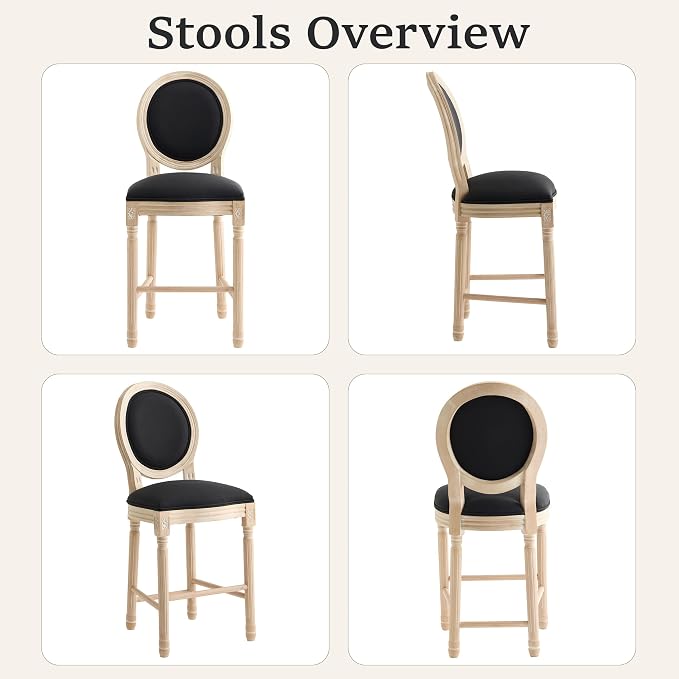 French Country Barstool, Linen Farmhouse Counter Height Chair | Set of 2, with Cushion Round Back and Solid Wood Legs, Oval Chairs for Restaurant, Bar, Kitchen, Café, Black - Image 6