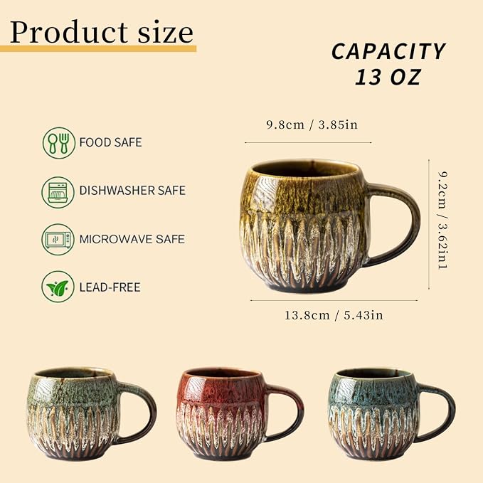 13oz Large Ceramic Coffee Mug, Red/Yellow/Blue/Green, Set of 4 | Large Tea Mug, Microwave Safe, Dishwasher Safe - Image 2