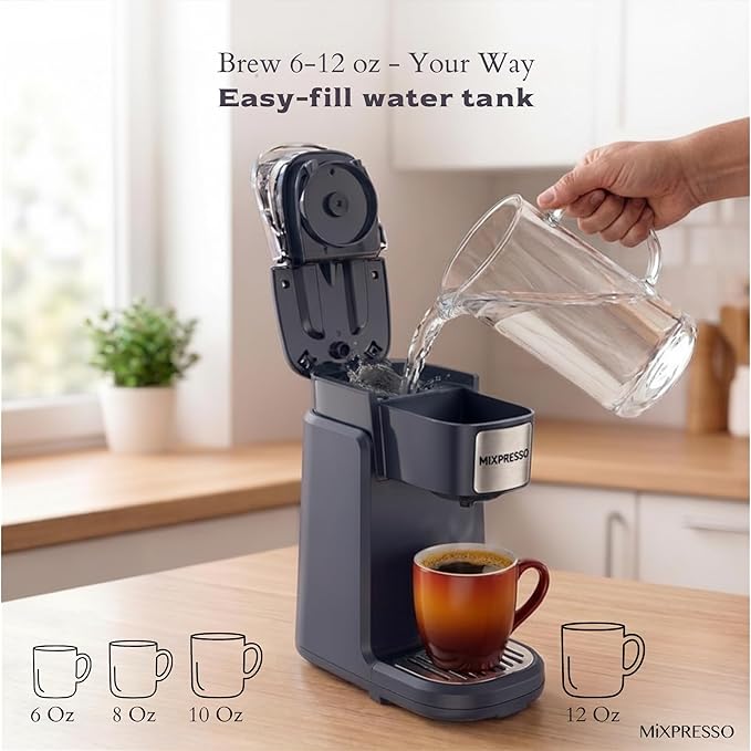 Mixpresso Single Serve Coffee Maker K Cup Coffee Maker for K Pods & Grounds | Compact 800W Gray Coffee Machine with 12 Oz Water Tank, Fast Brew & Auto Shut-Off, Small Design for Travel, Office, RV & Dorm - Image 3