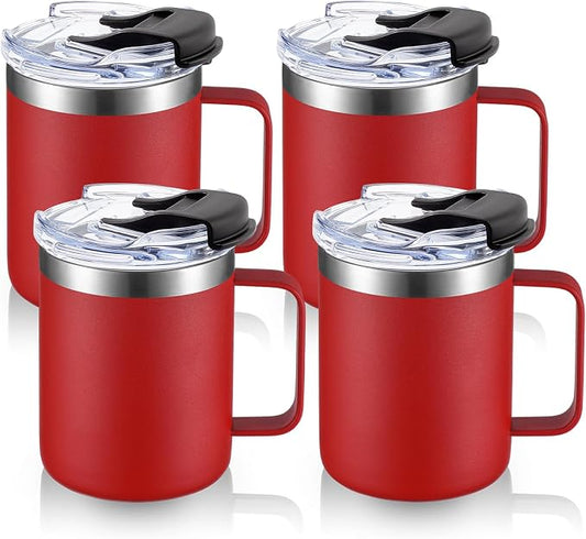 12oz Insulated Travel Coffee Mug with Handle, Red, 4 Pack | Stainless Steel Coffee Tumbler with Lid, Double Wall Vacuum Thermal Cup for Camping by ALOUFEA