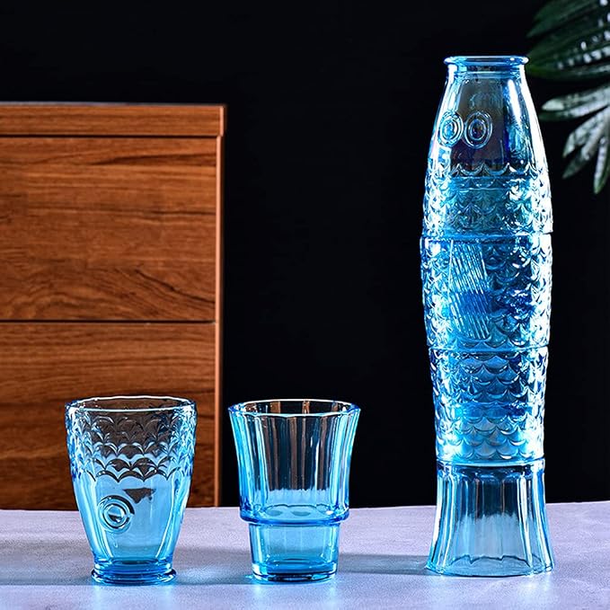 MDLUU Fish Design Tumbler Glasses, Stackable Drinking Glasses, Colored Glass Beverage Cups, Nautical Glassware for Gift, Set of 4 (Blue) - Image 7