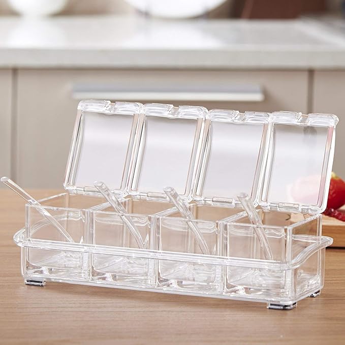 Clear Seasoning Rack Spice Pots by AIQI - 4 Piece Acrylic Seasoning Box - Storage Container Condiment Jars - Cruet with Cover and Spoon - Image 3