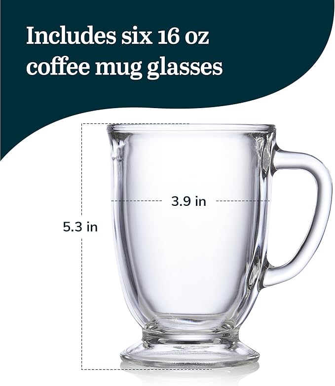 Libbey Kona Glass Coffee Mugs Set of 6, Elegant 16 Ounce Clear Tea Mug, Dishwasher Safe Glass Mugs with Handles for Tea, Coffee,and Espresso