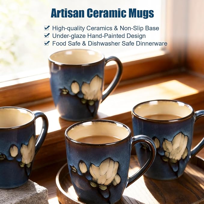 12oz Coffee Mugs Set of 4, Hand-Painted Floral Stoneware Cups with Handle, Dishwasher Microwave Oven Safe, Cappuccino Mugs for Latte, Tea, Espresso & Hot Cocoa, for Home Kitchen & Cafe, Dark Blue - Image 5