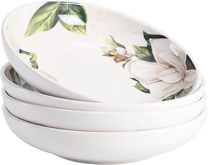 Bico Magnolia Floral Pasta Bowls, 35oz Salad Bowl Set of 4, Large Ceramic Serving Dinner Bowls for Soup and Cereal, Microwave and Dishwasher Safe, Gift for Housewarming and Thanksgiving by Bico