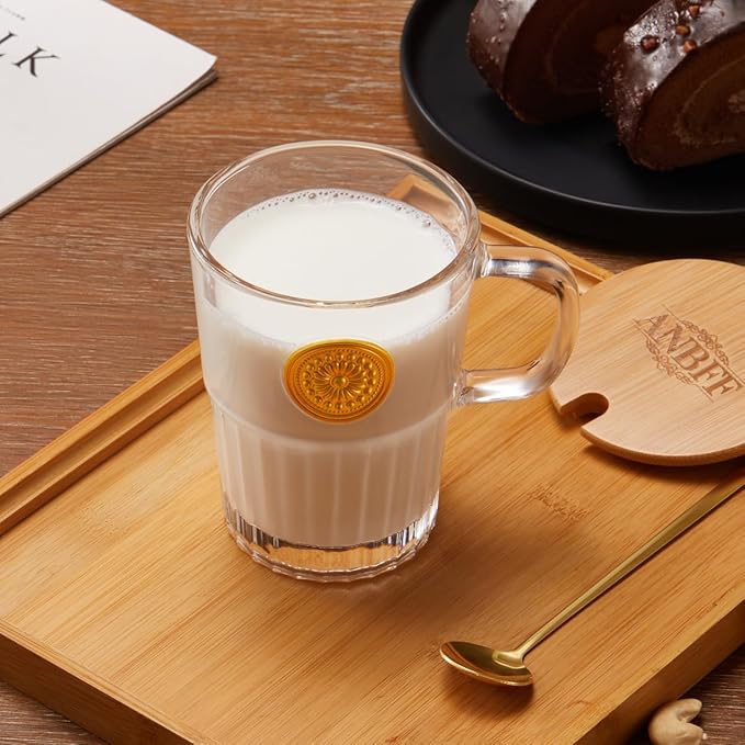 Vintage Glass Coffee Mugs Set of 2, 15oz Embossed Glass Coffee Cups with Bamboo Lids and Spoons, Handmade Clear Tea Cups with Handle and Gift Box - for Cappuccino, Latte, Milk
