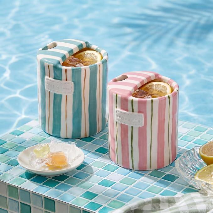 2 Pack Ceramic Coffee Mug with Sip Hole Espresso Cup 10oz with Straws Retro Hand Painted Striped Ceramic Iced Coffee Tea Travel Mug Latte Cup for Kitchen Dining (Simple,Pink,Blue) - Image 3