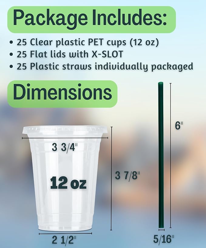 12 oz Clear Plastic Cups with Lids and STRAWS, Disposable Drinking Cups for Cold Drinks, Iced Coffee, Milkshakes, Smoothies, 25 Sets - Image 3