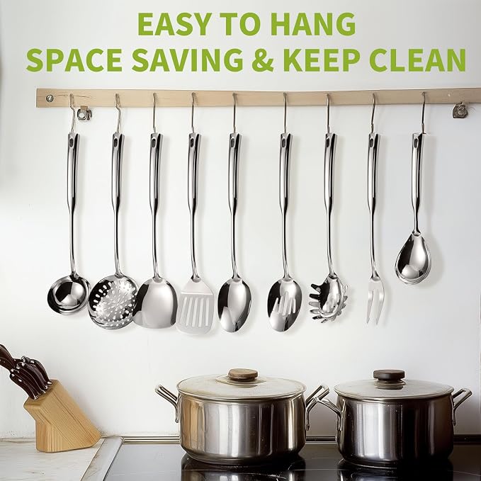 304 Stainless Steel Kitchen Cooking Utensils Set - 9 PCS Serving Utensils, Include Skimmer, Soup Ladle, Spaghetti Server, Wok Spatula, Slotted & Solid Spoon, Slotted Spatula Turner, Meat Fork (Silver） - Image 8