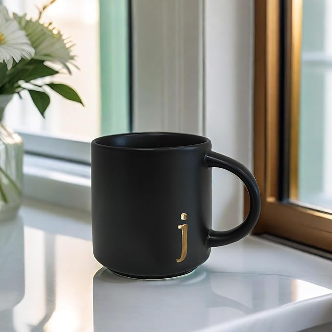 COLLECTIVE HOME Black Ceramic Coffee Mug, 15 oz Golden Monogram Tea Cup (j) | Personalized Halloween Mug with Gift Box, Dishwasher Safe, Birthday Present, Christmas Thanksgiving Mothers Day Gifts - Image 6