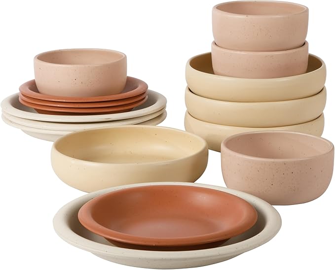 Bloomhouse Corsica Clay Dinnerware Set - Stackable Colorful Boho Reactive Glaze Plates and Bowls Set -2 Time Oprah's Favorite Things Brand- 16 Piece (Service for 4)- Matte Assorted Pottery Colors by Bloomhouse