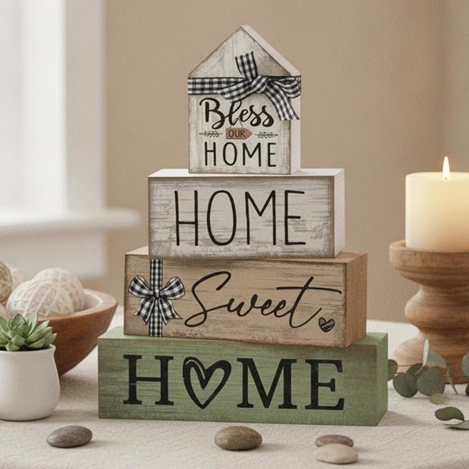 Moucuny 4 Pcs Wooden Farmhouse Table Decor Rustic Home Sweet Home Stacked Blocks Decoration Farmhouse Tiered Tray Decor Decorative Eucalyptus Block Signs Bless Gift for Kitchen Shelf Coffee Table - Image 8