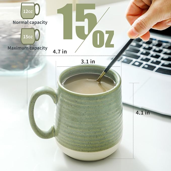 Hasense Stoneware Coffee Mugs Set of 6, 15 Oz Large Coffee Cups with Handle, Tea Mugs for Men and Women, Modern Coffee Mug for Cappuccino, Milk, Cocoa, Microwave & Dishwasher Safe, Green - Image 3