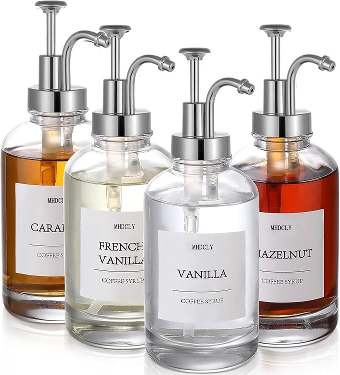 Coffee Bar Accessories,MHDCLY Coffee Syrup Dispenser - 4pack,16.9oz Syrup Dispenser with Labels ，Syrup Pump Dispenser for Coffee Bar(Silver pump)