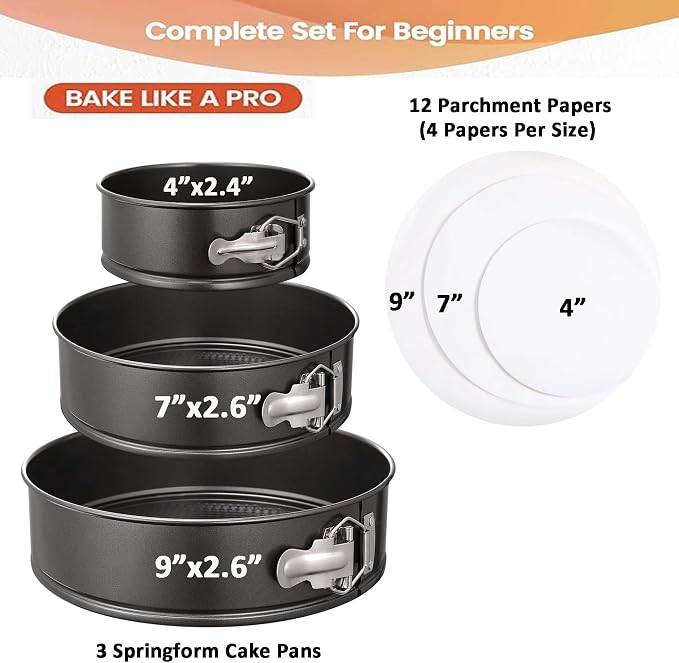 Springform Cake Pan Set with Cake Decorating Kit, Non-stick Leakproof Round Cake Pans of 4, 7, 9 Inches, 12 Pcs Parchment, 3 Cake Scrapers, Resuable Piping Bag, Coupler and Tips - Image 2