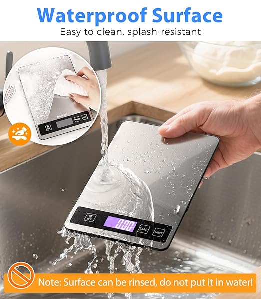 Food Scale, Kitchen Scale, 15kg/33lb, USB Rechargeable & Batteries (Not Inc.), Splash-Resistant Stainless Steel, Full-View LCD Display, Compact & Easy-Clean Design, 6 Units, Tare Function, Grey