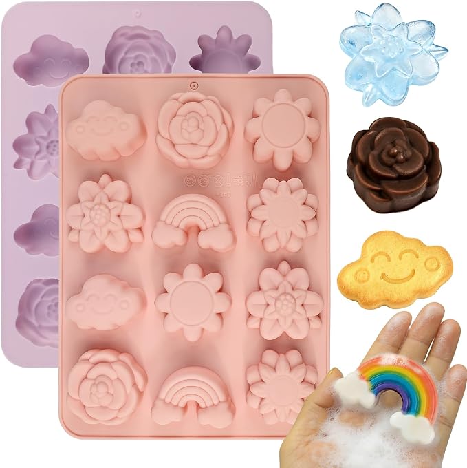 Flower Soap Molds Silicone for Soap Making, 2 Pcs, 24 Cavity | silicone molds soap candle making, With Cloud Rainbow for Chocolate, Candy, Ice Cubes, Cupcake Decorations, Jelly,Non-stick by SIQINZONGWA