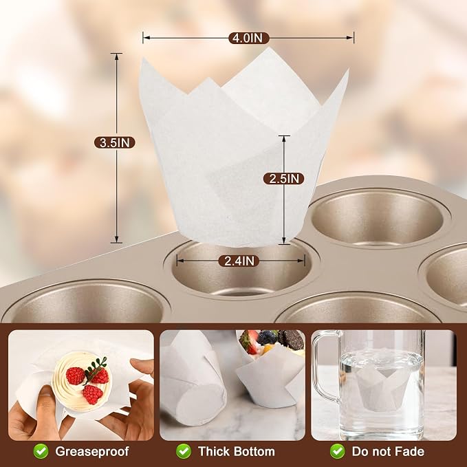 100pcs Extra Large Size Tulip Cupcake Liners for Baking Cups, Food Grade White Parchment Paper Large Muffin Liners Holders, Greaseproof Cup cake Wrappers for Party, Christmas by Neyimqr (White) - Image 3