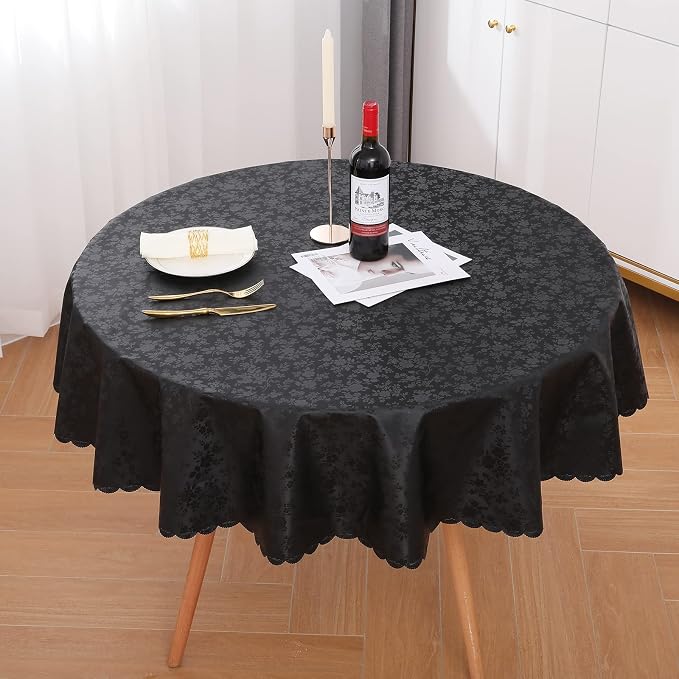 Smiry Round Waterproof Heavy Duty Vinyl Tablecloths, 70 x 70 Inch | Wipeable Washable Floral Embossed Table Cover for Kitchen and Dining Room, Indoor & Outdoor Use, Black - Image 2